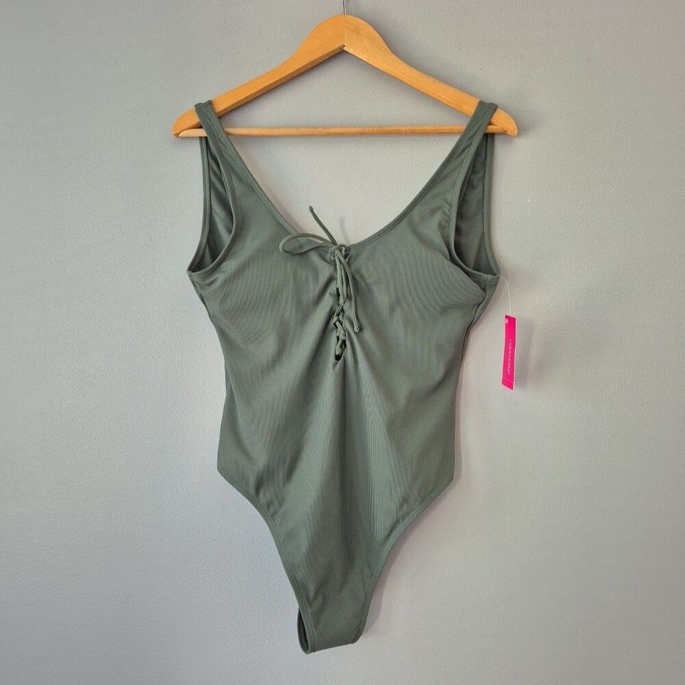 Xhilaration Olive Green One Piece Lace Up Ribbed Swimsuit Womens Large